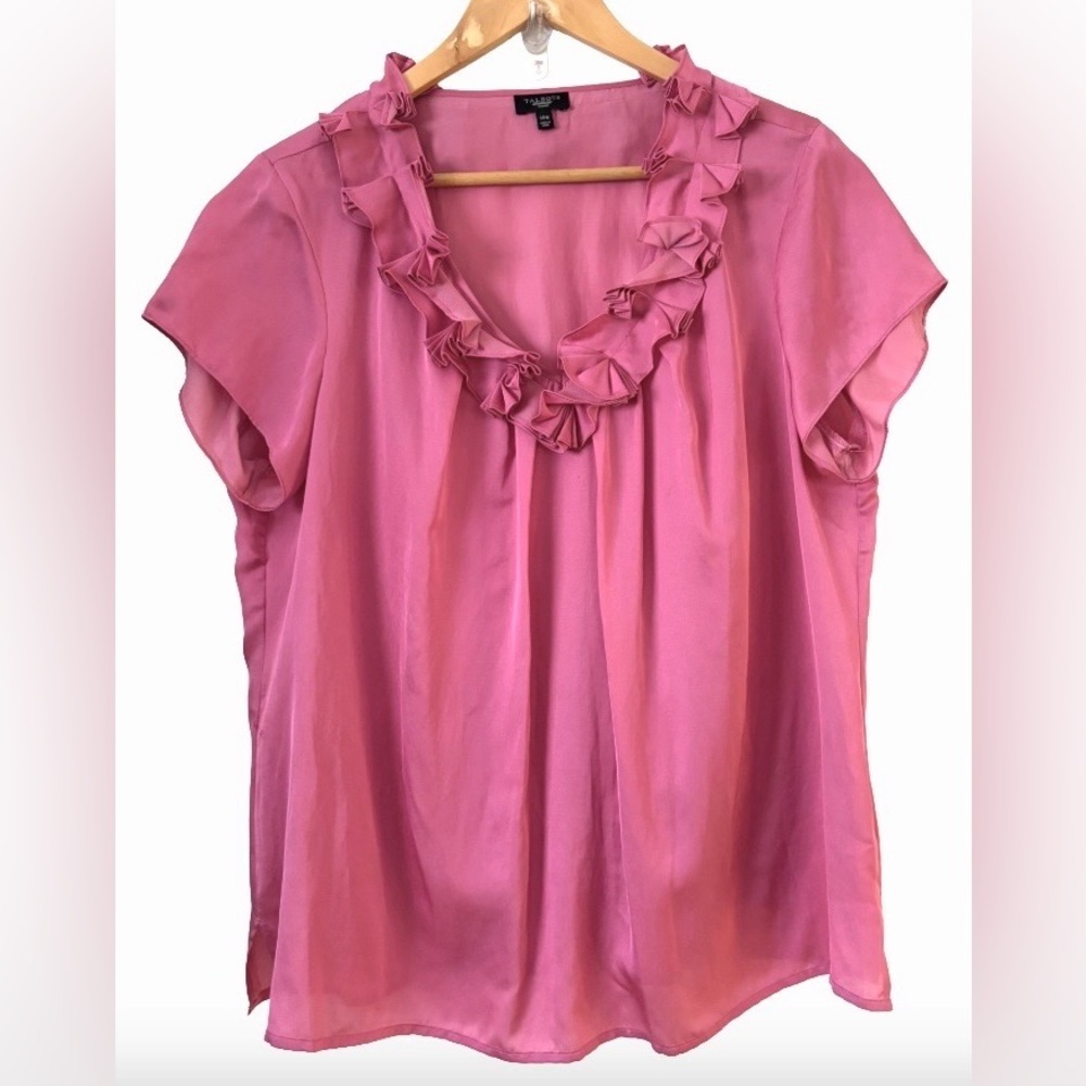 Talbots dusty pnk silk/cotton blnd ruffle nk blouse SZ 14W coquette girl